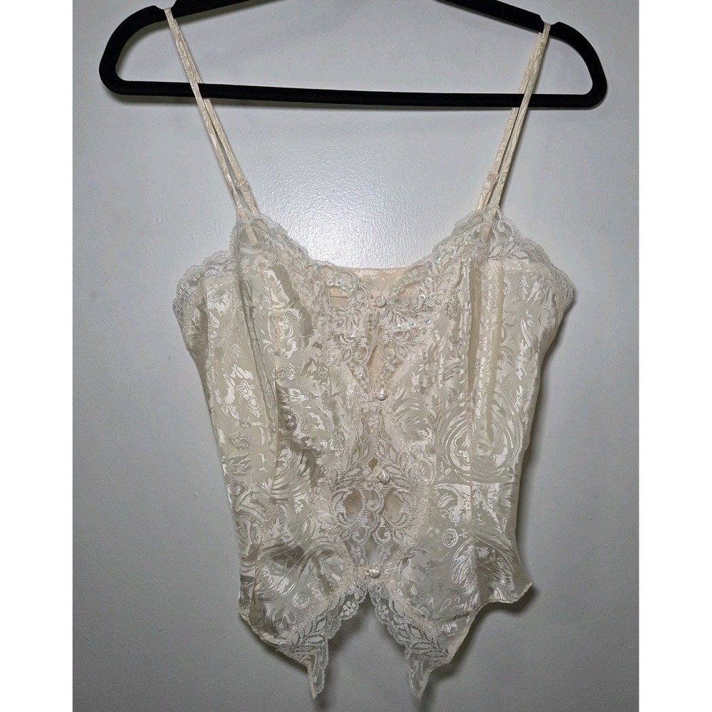 Jacquard Lace Cami Sequin Slip Top & Bottom Set Small Y2K Coquette Fairy Bride - Picture 2 of 13